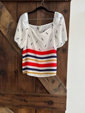 Women’s Square-Neck Puff Sleeve Blouse in White with Red & Navy Stripes